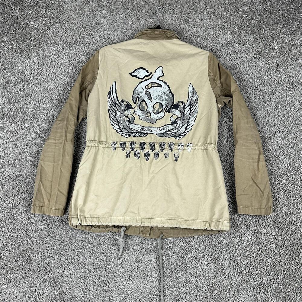 Jack & Jill Jacket Womens Small Khaki Military Field Anorak Back Skull Graphic